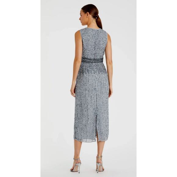B69 Mac Duggal Sequin Midi Sheath Dress Womens 12 Gray Sleeveless Wedding Guest - Picture 2 of 11
